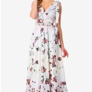 eShakti White and Pink Floral Maxi Dress